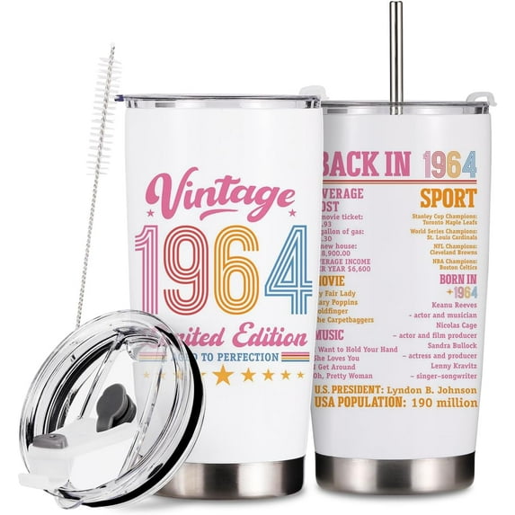 20 Oz Tumbler Vintage Anniversary 60th Birthday Gifts for Women Men Grandmother 60th Birthday Gift Ideas Gifts for 60 Year Old Woman Cheer to Insulated Travel Mug Stainless Steel Thermal Cup