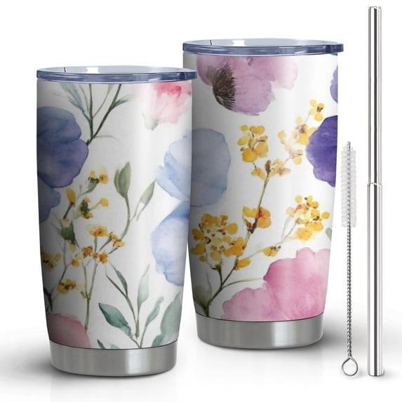 20 Oz Watercolor Floral Pattern Coffee Tumbler Double Wall Insulated Stainless Steel Water Bottle | Metal Reusable Thermoses Flask with Cup Cap | Leak & Sweat Proof with Anti-Dust Lid