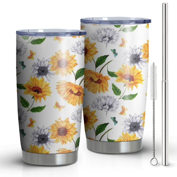 20 Oz White Sunflower Coffee Tumbler Double Wall Insulated Stainless Steel Water Bottle | Metal Reusable Thermoses Flask with Cup Cap | Leak & Sweat Proof with Anti-Dust Lid
