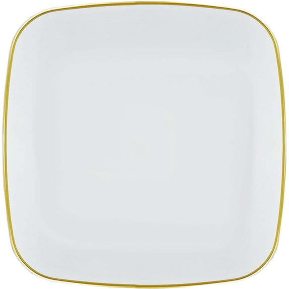 (20 PACK) EcoQuality 10" inch Disposable Square White Plastic Plates with Gold Rim, China Like Party Plates, Heavy Duty Dinner Plate, Salads, Weddings, Baby Showers, Catering, Non Toxic