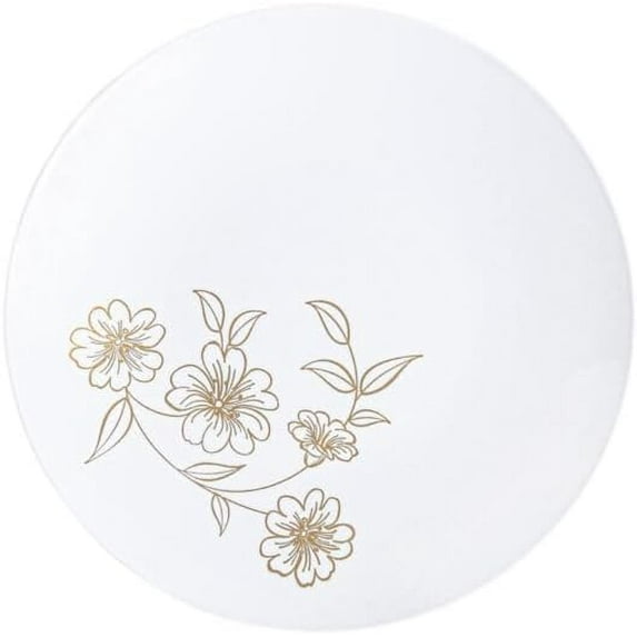 (20 PACK) EcoQuality 6" inch Round White Plastic Plates with Gold Primrose Design - Disposable China Like Party Plates, Heavy Duty Dessert Plates, Salad Plate, Dinners, Wedding, Serveware