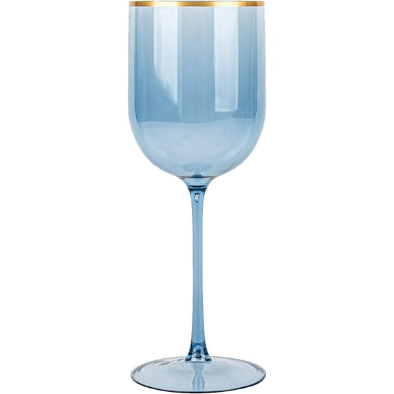 (20 PACK) EcoQuality Translucent Plastic Blue Wine Glasses with Gold Rim - 12 oz Wine Cups with Stem, Disposable Shatterproof Wine Goblets, Reusable, Elegant Drink Cup Tumblers Weddings, Party