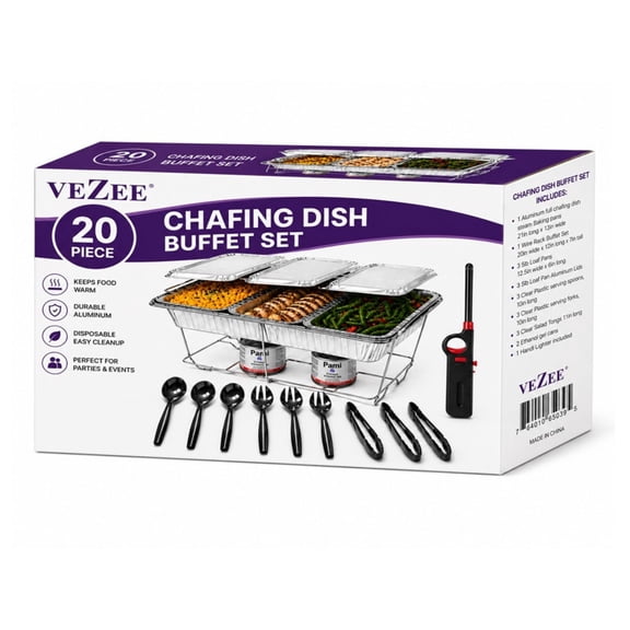 VeZee 20 PC Chafing Buffet Set with 5LB Loaf Pans, Servers, Warmers & FREE Handi Lighter