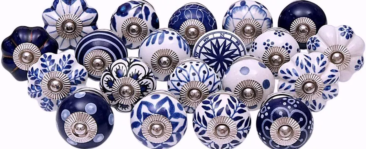 20 PC White and Blue Ceramic Knob Handpainted Kitchen Cabinet Drawer Puller Pull