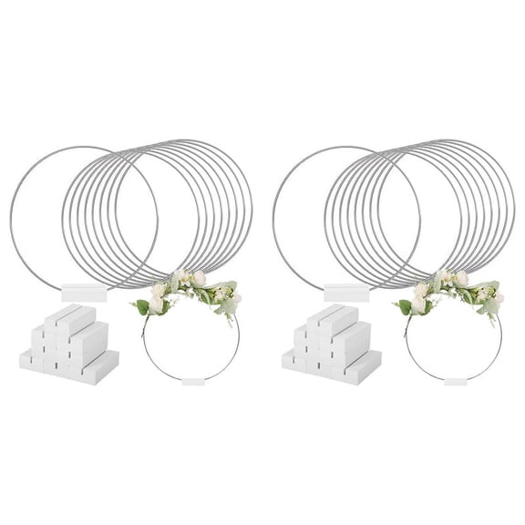 20 PCS 25cm Metal Floral Hoop Centerpiece for Table Wooden Stand Wreath Macrame Silver Hoop Rings for DIY Crafts(White)