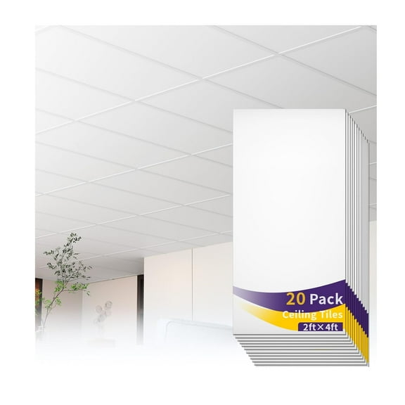 20 PCS 2x4 FT White Ceiling Tiles, 24x48 Inch PVC Waterproof Smooth Drop Ceiling Panels Fire-Rated Reusable Ideal for Bedroom Living Room Basement Bathroom Commercial Space Cover 192 Sq.Ft