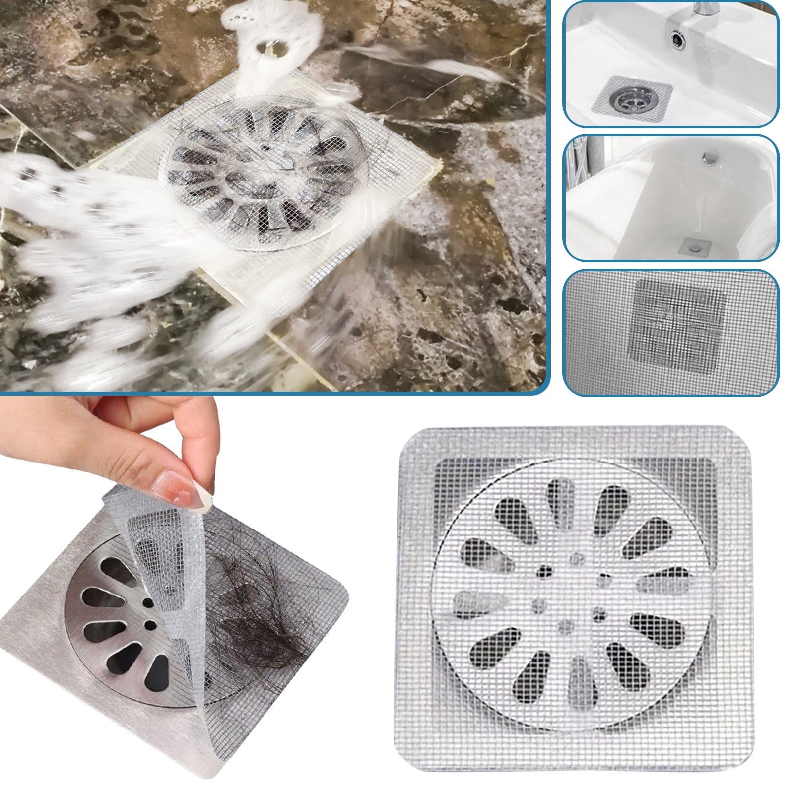 Disposable Hair Dr-ain Stickers, 3.9" X 3.9"Disposable Shower Floor Dra-in Sticker, Disposable mesh Cover Sewer Filter Screen for Bathroom, Laundry,Sink,Tub,and Kitchen (20pcs)