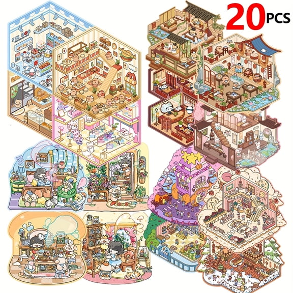 20 PCS 3D mini book scene stickers, self adhesive craft decals, scene stickers, amusement park, library, hot pot restaurant, etc. 20 scenes mini book stickers for planning