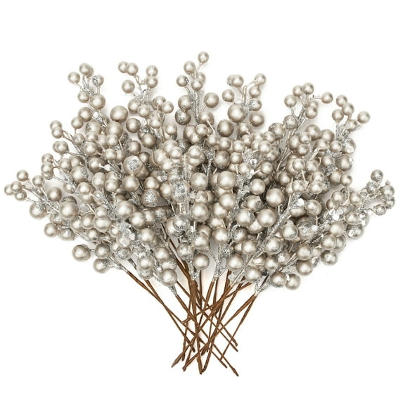Briful 20 PCS 8.7"Artificial Christmas Berry Picks Faux Berry Stems Spray with Glitter Paillette for DIY Crafts Wreath Garland Party Christmas Ornaments Décor Champagne