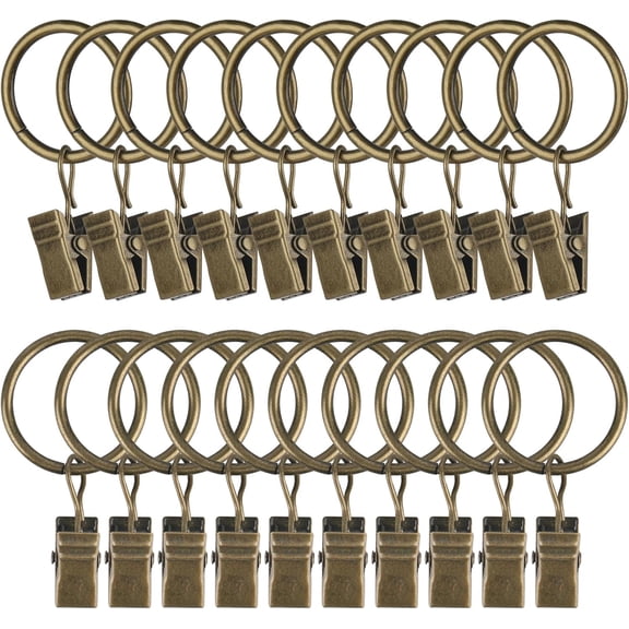 20 PCS Antique Bronze Curtain Rings with Clips, 1.25-Inch Inner Diameter Curtain Clips with Rings fit UP to 1” Diameter Decorative Curtain Rods, Curtain Rod Hooks for Hanging Drapes Bows Hat