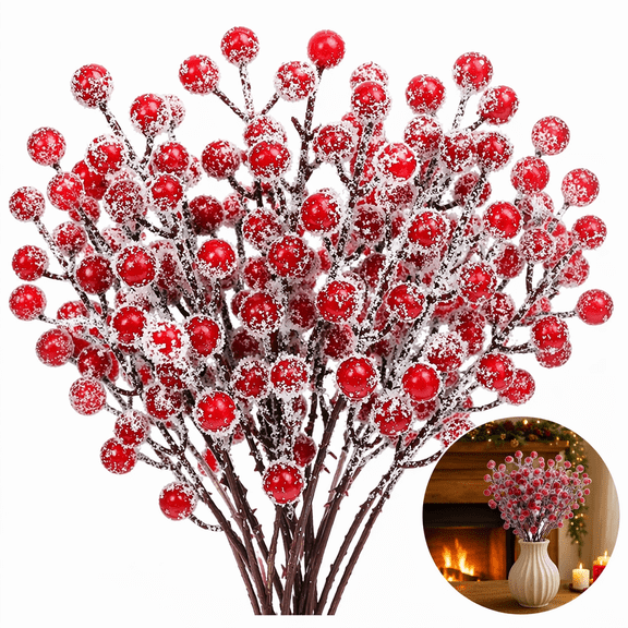 Artrylin 20 Pcs Artificial Holly Berry Stem Picks,Winter Frosted Red Berry Stems,Christmas Holly Berries Decorations,9" Fake Snowy Red Berry Branches,Christmas Tree Ornaments with Snowflake Glitter