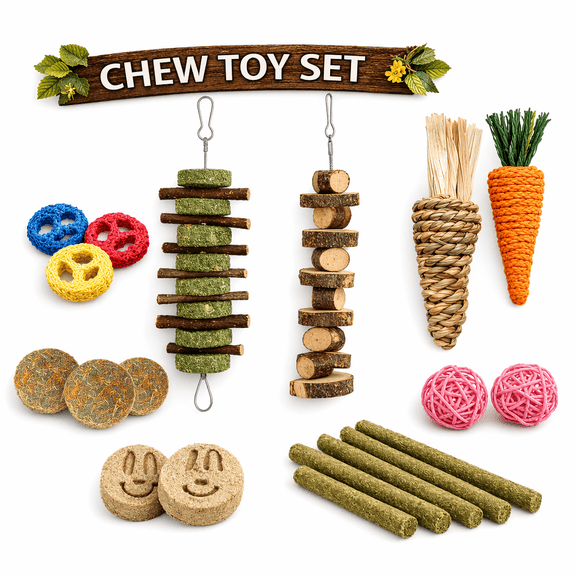 19 PCS Bunny Chew Toys for Teeth, Natural Rabbit Toys Apple Wood Grass Timothy Sticks Chew and Treat for Guinea Pigs Hamster Chinchillas