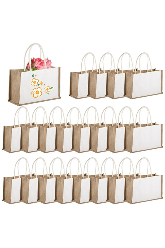 20 PCS Burlap Tote Bags with Handles, Reusable Bulk Tote Bags for Women, Large-Capacity Waterproof Beach Totes Bags, Customizable Canvas Design