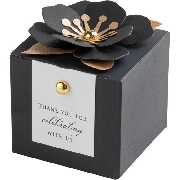 20 PCS Candy Boxes, 3 In 1 Black Favor Boxes with Floral Decor, White Thank You Tags Gift wrapping for Wedding Birthday Baby Shower Decorations Party -2.55x2.55x2.55'' Black