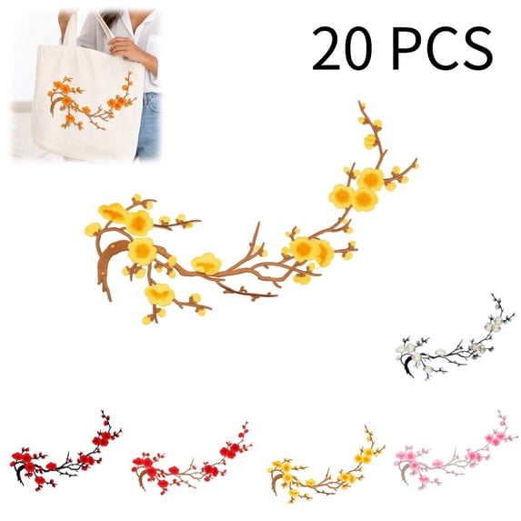 20 PCS Cherry Blossom Iron Patch, Iron On Blossom Plum Applique Patch Embroidery Flower Vines, Appliques DIY Trim for Jeans Garment Cos, for Hats, Shirts, Shoes, Jeans, Bags, Yellow