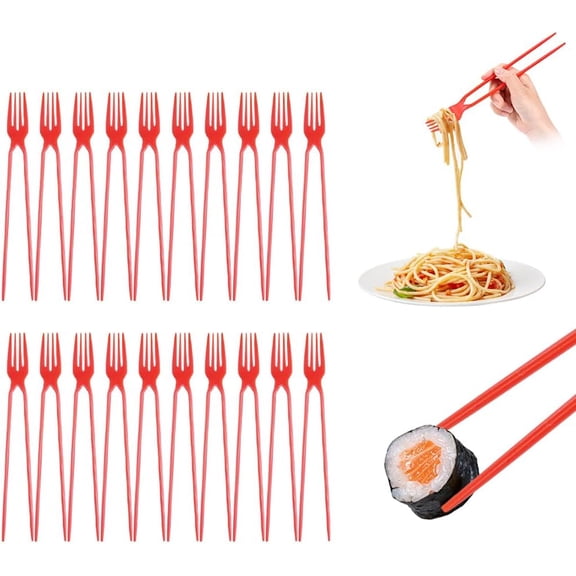 20 PCS Chopstick Fork, Plastic Chopsticks Fork Combo for Beginners, Training Chopstick for Adults, Disposable Forkchops Chopsticks for Outdoor Camping Picnic, Red