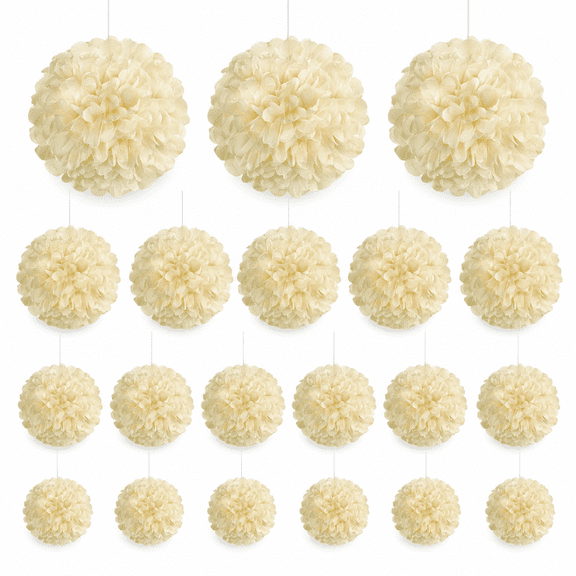 20 PCS Cream Tissue Paper Pom Poms, Tissue Pom Poms Flowers, Sizes of 6", 10", 12", 14" Hanging Paper Flower Ball for Wedding, Birthday, Halloween, Christmas, Party Decor
