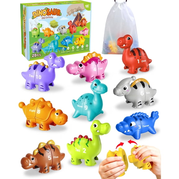 20 PCS Dinosaur Number Learning Toys for Toddlers 2-4, 10 Different Dinosaur Figures, Double Sided Number Matching Game, Preschool Activities Montessori Fine Motor Toys for Toddlers Kids
