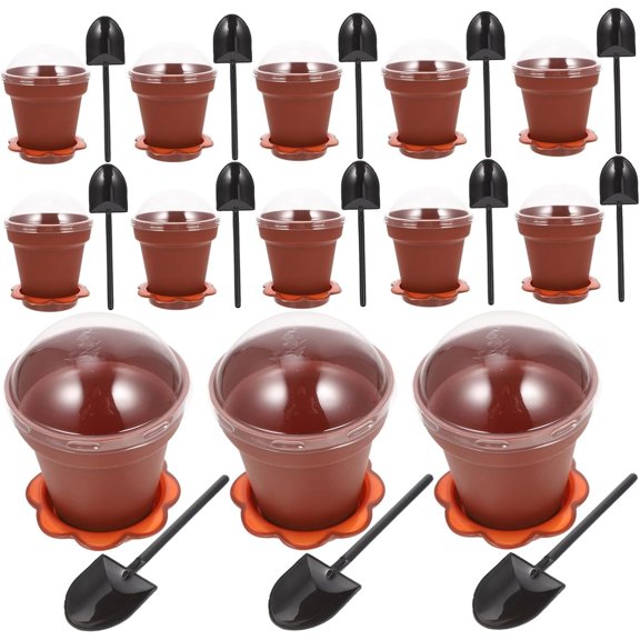 20 PCS Flower Pot Dessert Cups, Flowerpot Plastic Dessert Cups with Lids and Mini Shovels – Bottom Serving Tray Included, Yogurt and Ice Cream Containers for Mousse and Pudding
