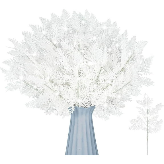 20 PCS Glitter Artificial Pine Needles-10.6 Inch Fake Foliage Pine Stems Picks for DIY Garland Wreath Christmas Embellishing and Home Garden Decoration (White)