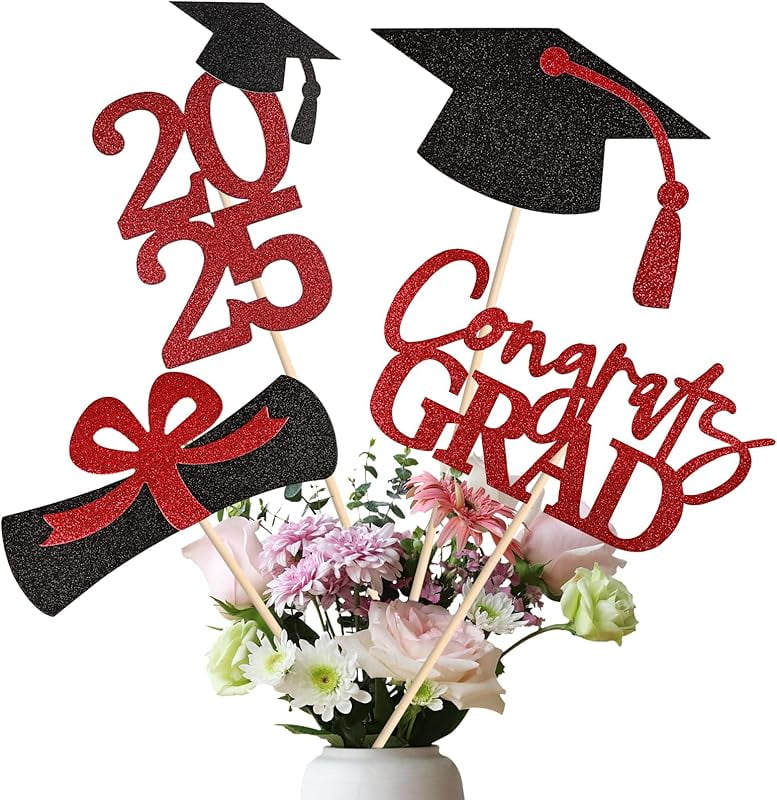 16 Pcs Graduation Table Centerpieces - Black & Gold Class Of 2025 Decorations (4 Styles, Double-Sided)