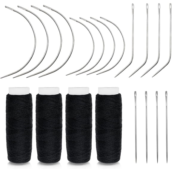 20 PCS Hair Needle and Black Thread Kit for Making Wig, Big Medium and Small C J Shape Curved Needle I Needle Sewing for Hair Hand Sewing Hair Extension