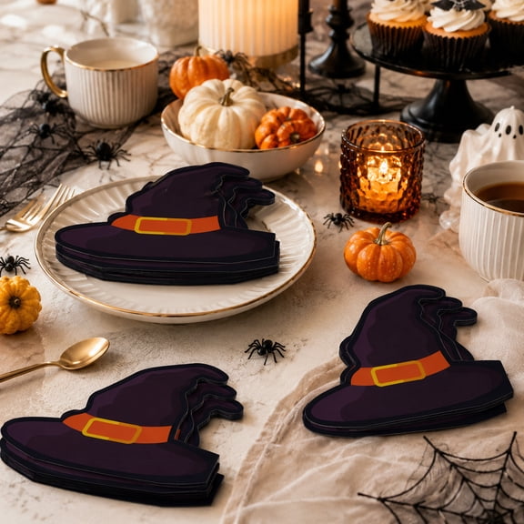 20 PCS Halloween Pumpkin Witch Hat Shaped Disposable Paper Cocktail Napkins, Spooky Fun Designs Absorbent Party Table Decorations for Drinks Appetizers Desserts
