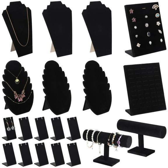 20 PCS Jewelry Display Set, Black Velvet Necklace Bust Stand, Plastic Earring Cards, T Bar Bracelet Holder, Ring Display Rack, for Jewelry Organization, Store Showcase, Trade Show Table