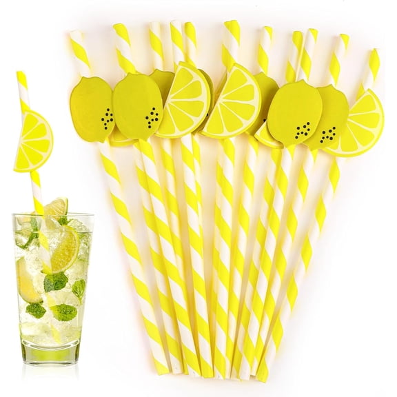 20 PCS Lemon Paper Straws, Yellow Straw Lemonade Stand Supplies Disposable Decorative Straws ECO Drinking for Cocktails, Lemonade, Daily Use and Holiday Party