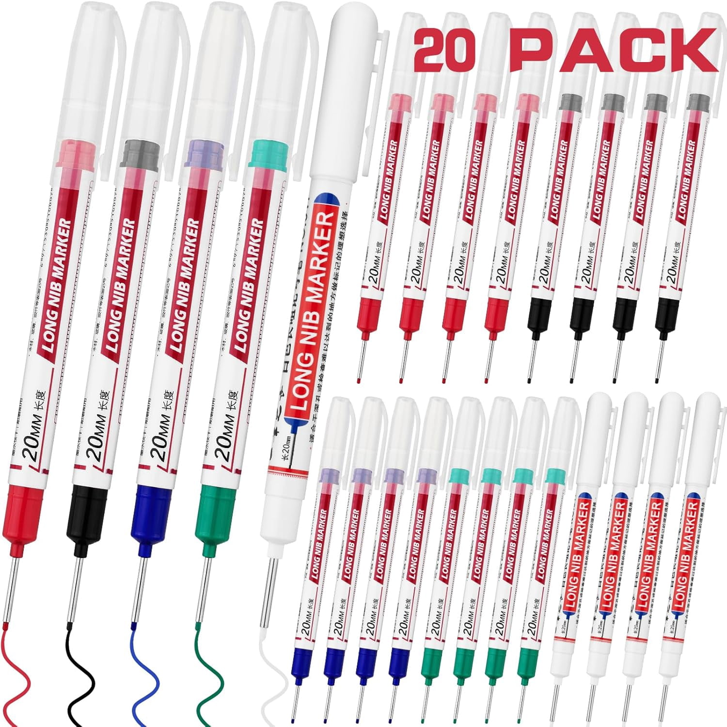 20 PCS Long Head Deep Hole Marker Pens,20mm Nib Marker, Longs No Markers, Waterproof Construction Markers Marking Tool,Permanent Carpenter Ink marker Pens,Metal marking Pens