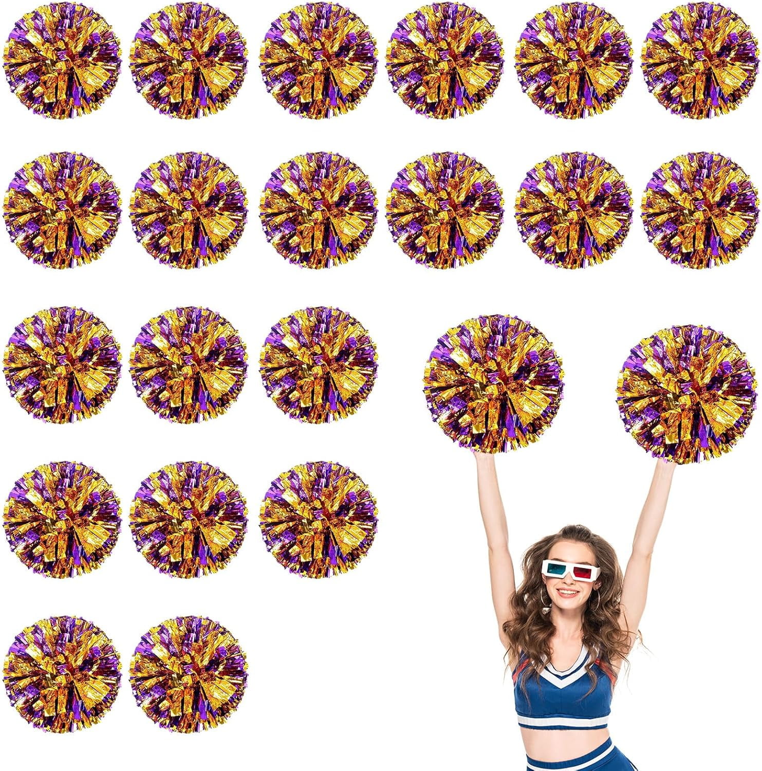 20 PCS Metallic Cheerleading Pom Pom for Team Spirit Sports Dance Cheering Kids Adults-Ring Style