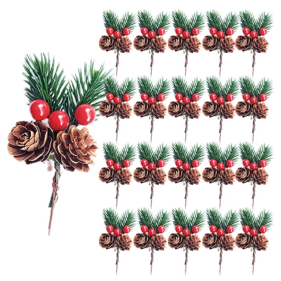 20 PCS Mini Artificial Pine Picks with Red Berries & Natural Pinecones, Christmas Evergreen Pine Sprigs and Holly Berries, Faux Pine Needles for Festival Xmas Decorations Table Centerpiece