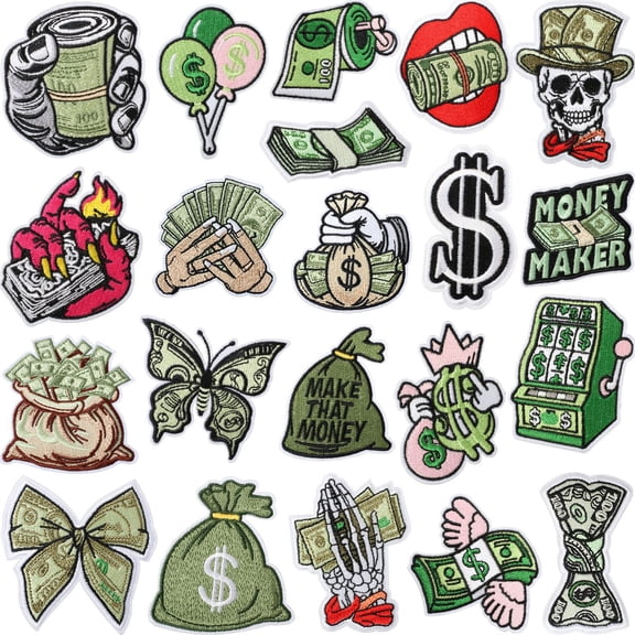 20 PCS Money-Themed Embroidered Patches, Dollar Cash & Money Bag Iron-On Designs for Jackets, Jeans, Backpacks and DIY Crafts
