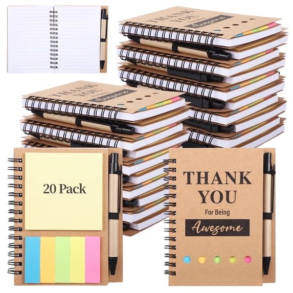 toyokar 20-Pack Brown Linen Spiral Notebook Gift Set with Sticky Notes and Pens for Employees
