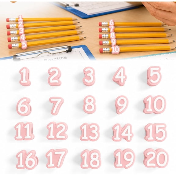 20 PCS Numbered Pencil Toppers 1-20, Reusable Pencil Labels for Classroom Organization, Cute Cartoon Pencil Caps for Teachers