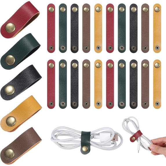 20 PCS PU Leather Cord Organizer, Multicolor Leather Cable Ties Portable Snap Cable Strap Charging Cables Cords Organizer Reusable Cord Keepers Multipurpose Winder for Men Women (5 Colors)