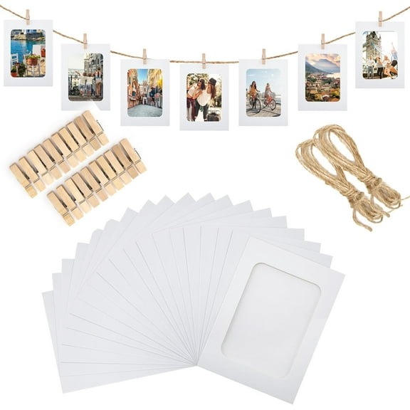 20 PCS Paper Photo Frames, 4x6 Inch Black Paper Photo Frames, Hanging Photo Display Banner, DIY Clip Photo Display Stand for Home, Office, Wedding and Party Decoration (White)
