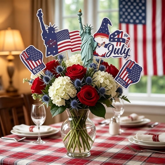 20 PCS Patriotic Vase Flag Picks, Independence Day Decor Flags, DIY Party Embellishment with Free Adhesive Dots for Festival Vase and Table Layout