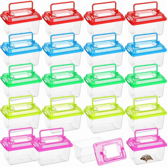 20 PCS Plastic Reptile Terrarium Carrier Cage, Portable Transparent Aquarium Box with Slotted Ventilation Holes for Turtle, Snake, Spider, Breeding, Hatching, Fish, 5 Colors Lid, 5 x 3.4 x 3.4 in