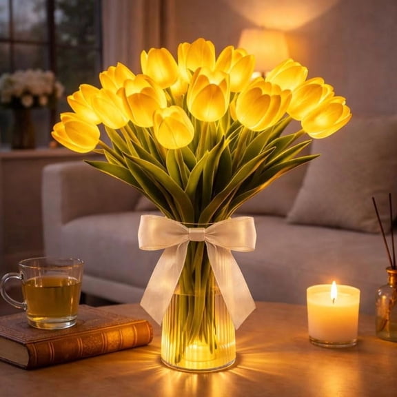 20 PCS Radiant Romantic LED Tulip Lights with Ribbon, Artificial Flower-Shaped Ambient Night Lamps for Holiday Parties Home Decoration Gifting(Vase not included)