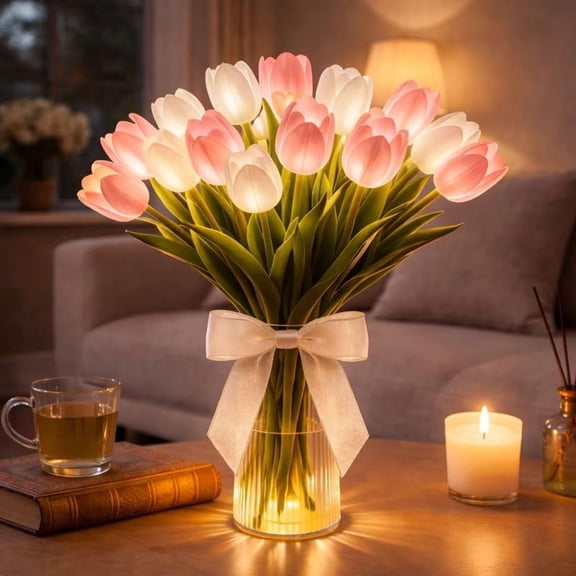 20 PCS Radiant Romantic LED Tulip Lights with Ribbon, Artificial Flower-Shaped Ambient Night Lamps for Holiday Parties Home Decoration Gifting