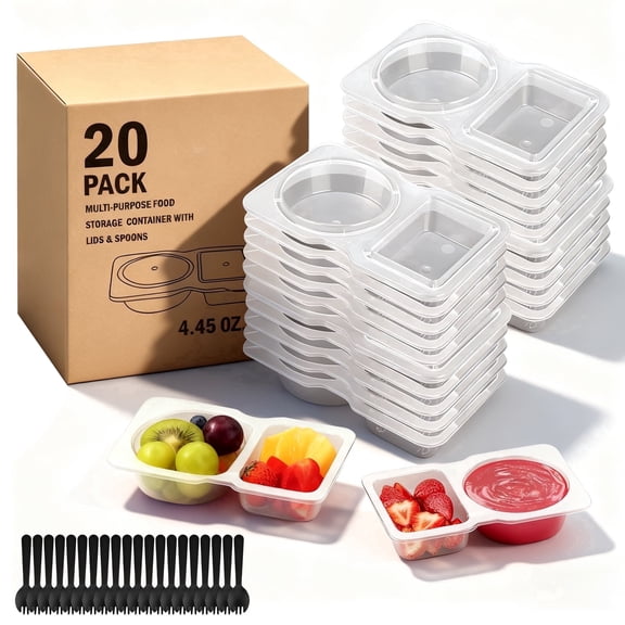 20 PCS Reusable Snack Containers with Lids, Plastic Transparent 2-Compartment Condiment Containers with Lid for Salad Dressing, Snack, Sauce Dipping Portion Control Deli Food Containers