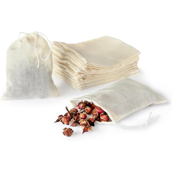 20 PCS Reusable Tea Bags Empty Muslin Sachet Bags with Drawstring, Spice Bags for Cooking, Loose Tea, Herb, Natural Cotton (4 X 3 Inches)