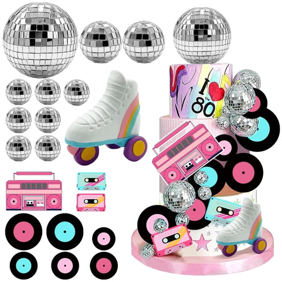 20 PCS Roller Skate GGA1 Cake Topper Disco Ball Cake Toppers Retro Hip Hop Theme Party Cake Decoration for Boys or Girls 80s 90s Skating Theme Party Decorations (White)