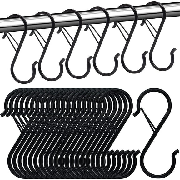 20 PCS S Hooks for Hanging Heavy Duty S Shaped Hooks with Safety Buckle Design for Kitchen Utensil and Closet Rod - Black S Hooks for Hanging Plants, Pots and Pans, Bags, Clothes, Cups etc