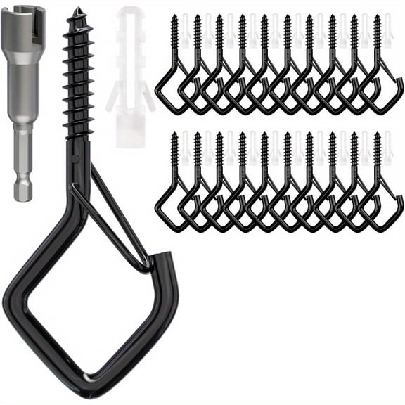 20 PCS Screw Hooks with Safety Buckle, Heavy Duty Ceiling Hooks for Hanging Outdoor String Lights, Plants, Wind Chimes, Black