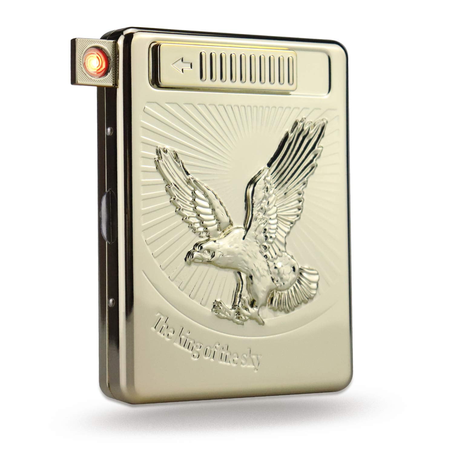 20 PCS Set Metal Cigarette Case Holder Arc Lighter with 3D Eagle Design Rechargeable Electric Arc Lighter Case Windproof Flameless USB Cigarette Case Lighter (Gold)