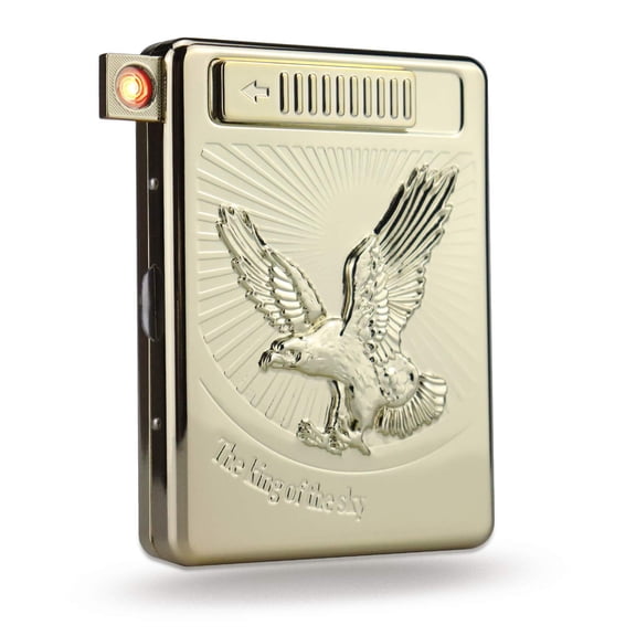 20 PCS Set Metal Cigarette Case Holder Arc Lighter with 3D Eagle Design Rechargeable Electric Arc Lighter Case Windproof Flameless USB Cigarette Case Lighter (Gold)