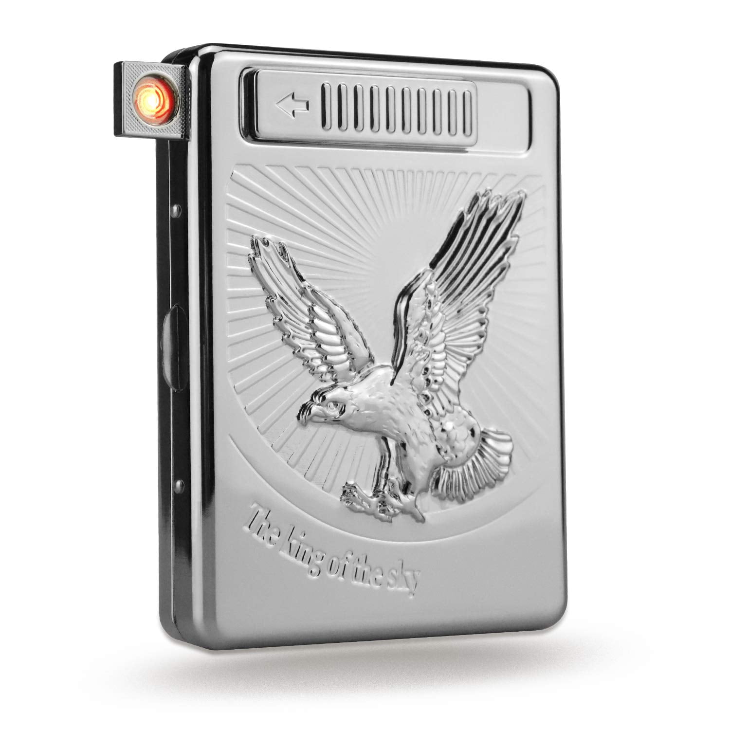 20 PCS Set Metal Cigarette Case Holder Arc Lighter with 3D Eagle Design Rechargeable Electric Arc Lighter Case Windproof Flameless USB Cigarette Case Lighter (Silver)