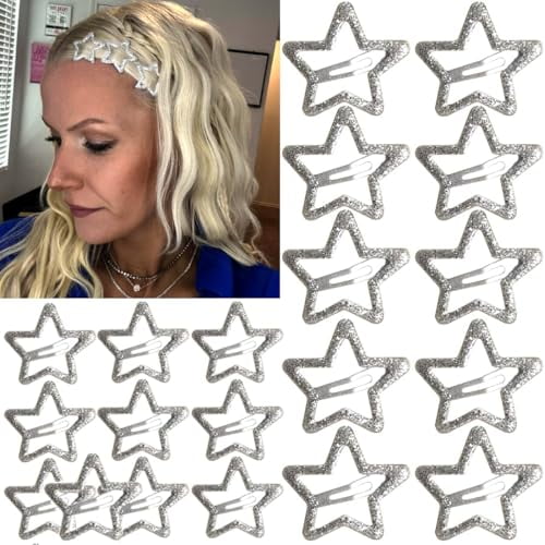 20 PCS Sparkling 1.22" and 1.65"Star Hair Clips Snap Hair Accessories Non Slip Clips for Girls Women Y2K Accessories Silver Metal Hair Clip Hair Barrettes